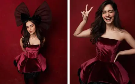 Manushi Chhillar Stuns in Ruby Red Velvet and Oversized Bow to Ring in 2025