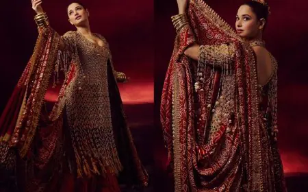 Tamannaah Bhatia Aces The Maximalist Trend In An Embroidered Bandhani Abu Jani Sandeep Khosla Creation