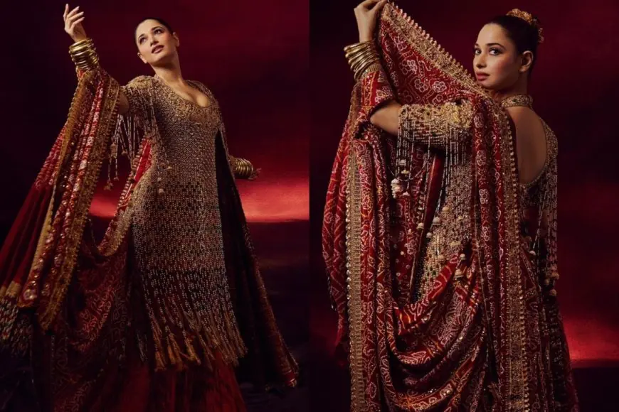 Tamannaah Bhatia Aces The Maximalist Trend In An Embroidered Bandhani Abu Jani Sandeep Khosla Creation