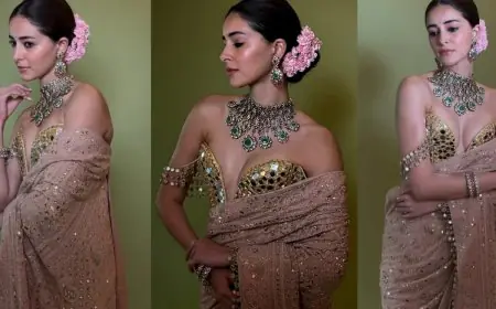 Ananya Panday Looks Demure In Gorgeous Beige Saree, Embracing Vintage Charm In Sequins, Gajra And Corset Blouse
