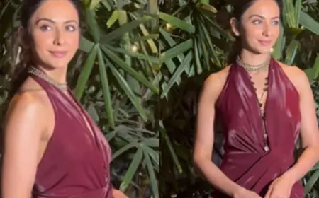 Rakul Preet Singh Raises The Temperature In A Maroon Dress With A Thigh High Slit