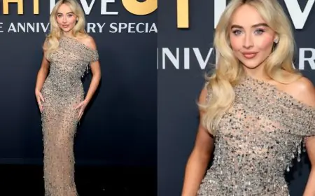 Sabrina Carpenter Stuns In A Sheer Bejewelled Custom Versace Gown At SNL's 50th Anniversary Celebrations