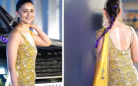 Alia Bhatt Picks A Mustard Studded Kurta; Braids Her Hair With A Purple Bandhini Ribbon