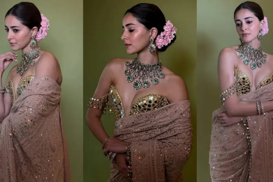 Ananya Panday Looks Demure In Gorgeous Beige Saree, Embracing Vintage Charm In Sequins, Gajra And Corset Blouse