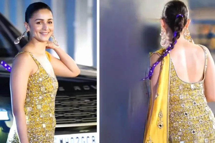 Alia Bhatt Picks A Mustard Studded Kurta; Braids Her Hair With A Purple Bandhini Ribbon