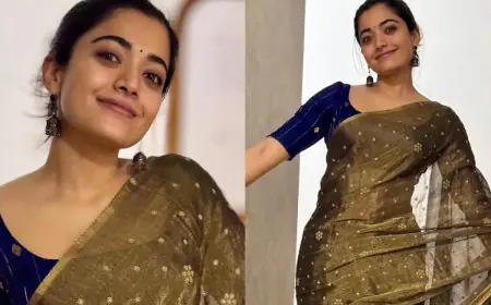 Rashmika Mandanna Brings Simplicity And Grace In A Mehendi Green Saree With Dainty Gold Embroidery