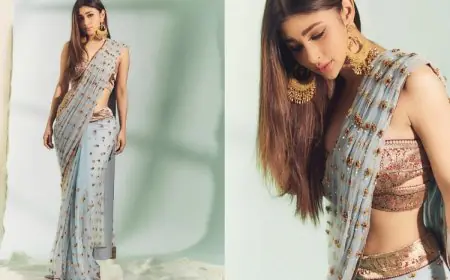 Mouni Roy’s Pastel Blue Saree And Strapless Red Blouse Is The Ultimate Spring Festive Look