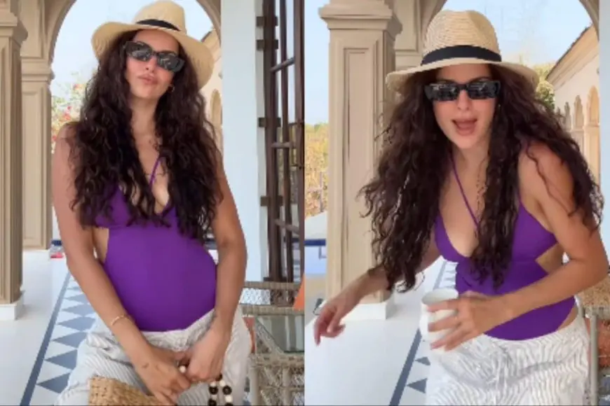 Natasa Stankovic's Purple Swimsuit And White Pants Look Is Perfect For A Chill Day By The Pool