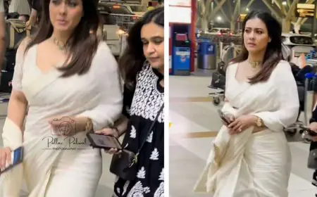 Kajol Brings Back Chiffon Saree Glamour at Delhi Airport in an Elegant Ivory Look