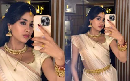 Only Janhvi Kapoor Can Make A Simple Ivory Saree With Statement Gold Jewellery Look Red Carpet Worthy