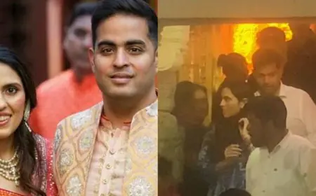 Shloka Mehta Keeps It Simple In A Blue Ethnic Attire As She Visits Babulnath Temple With Akash Ambani