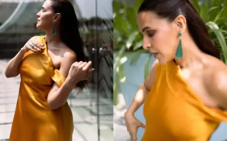 Neha Dhupia Is A Ray Of Sunshine In A Yellow One-Shoulder Flowy Gown