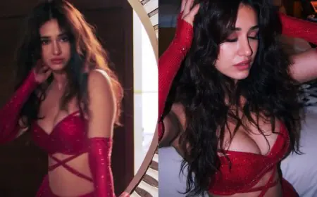 Disha Patani Gives Her Red Shimmering Lehenga A Contemporary Spin With Gloves