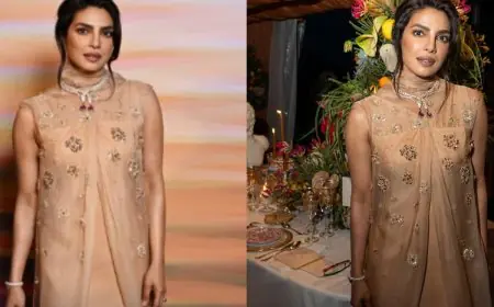 Priyanka Chopra Stuns In A Shimmering Beige Shift Dress At Bvlgari Event In Italy