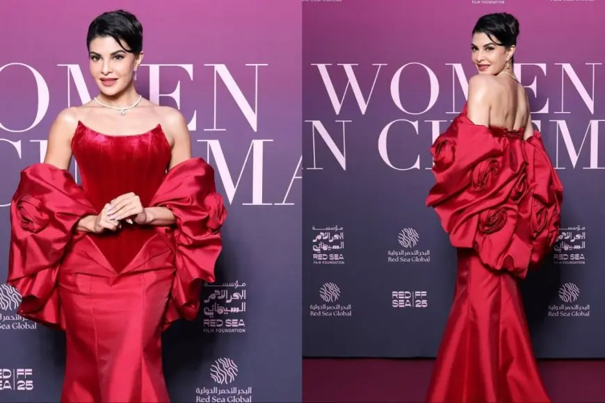 Jacqueline Fernandez Exudes Romantic Allure In A Strapless Red Gown At Cannes