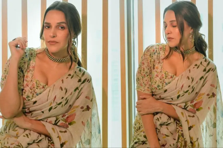 Neha Dhupia Brings Vintage Romance To Summer In A Hand-Painted Beige Saree
