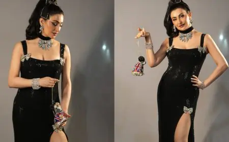 Shalini Passi Pairs Glamorous Black Gown With Playful Union Jack Bear Clutch