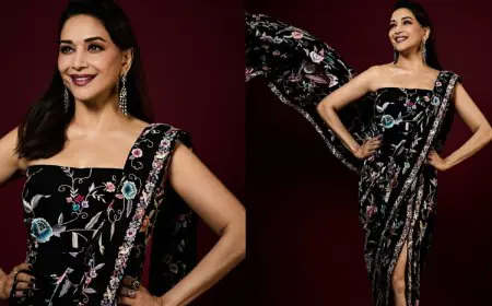 Traditional Parsi Embroidery Meets Modern Silhouette In Madhuri Dixit’s Saree Gown