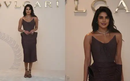 Priyanka Chopra Stuns In Metallic Wine Dress At Bvlgari Mumbai Event