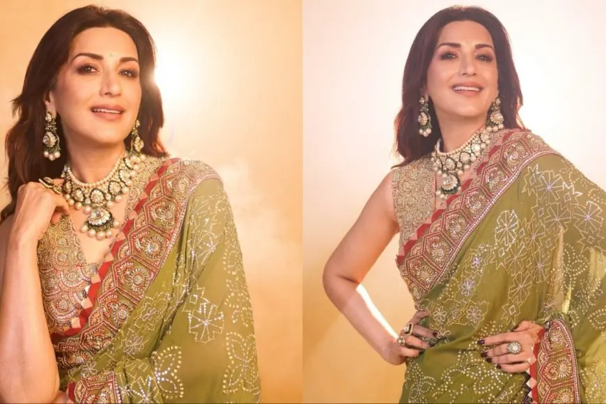 Sonali Bendre’s Olive Green Abu Jani Sandeep Khosla Saree Defines Regal Elegance