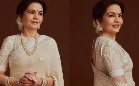 Nita Ambani Elevates Ivory Elegance In A Hand-Embroidered Abu Jani Sandeep Khosla Saree