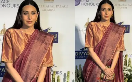 Karisma Kapoor Serves Timeless Elegance In Rose-Gold Silk Saree At Global Peace Honours 2025