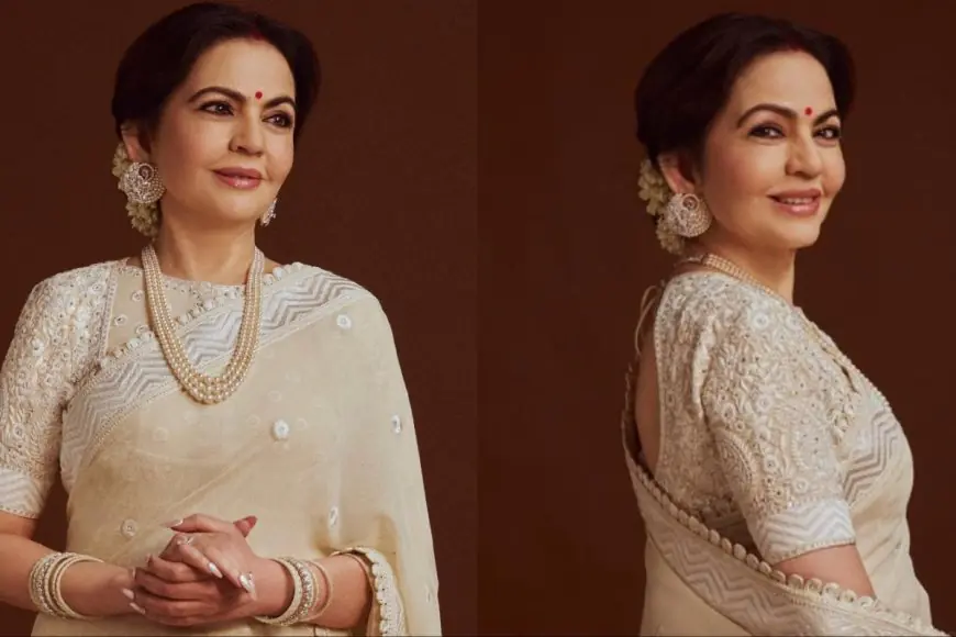 Nita Ambani Elevates Ivory Elegance In A Hand-Embroidered Abu Jani Sandeep Khosla Saree