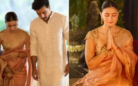 Alia Bhatt Glows In Peach Gold Manish Malhotra Saree For Grah Pravesh Ceremony