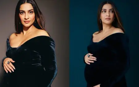 Pregnant Sonam Kapoor Glows In Velvet Blue Scooped Neck Gown At Mumbai Event