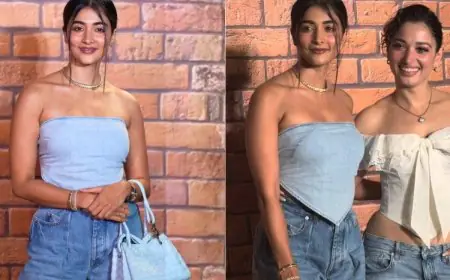 Pooja Hegde Elevates Double Denim With A Sleek Bandeau Top And Relaxed Jeans