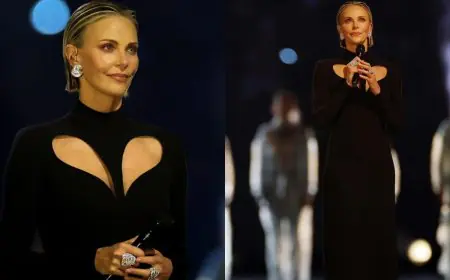 Charlize Theron's Surprise Apperance At Winter Olympics Opening Ceremony In Black Cutout Dress