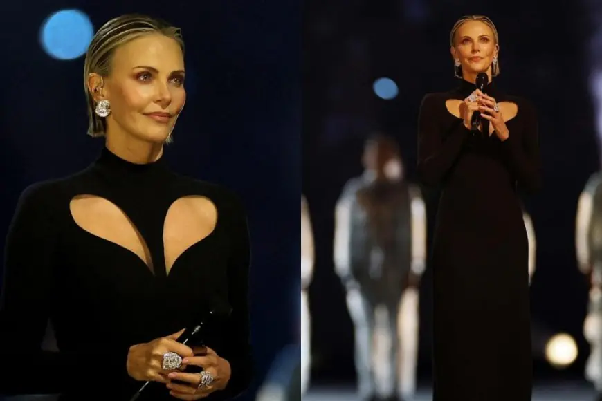 Charlize Theron's Surprise Apperance At Winter Olympics Opening Ceremony In Black Cutout Dress