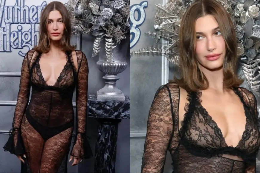 Hailey Bieber Masters Modern Romance In Sheer Saint Laurent At Wuthering Heights Premiere