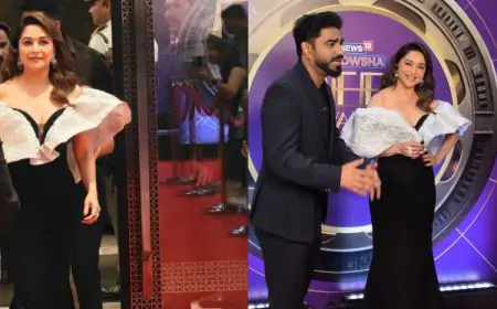 Madhuri Dixit Turns Heads In Sculptural Black Gown With Dramatic Silver Ruffle At News18 Showsha Reel Awards 2026