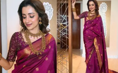 Trisha Krishnan Stuns In Purple Kanchipuram Saree And Temple Jewellery At Eka Lakhani’s Wedding