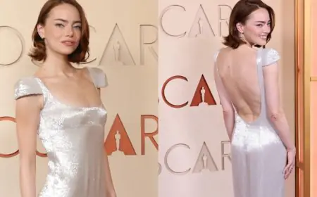 Oscars 2026: Emma Stone Shines In Pearlescent Backless Louis Vuitton Couture