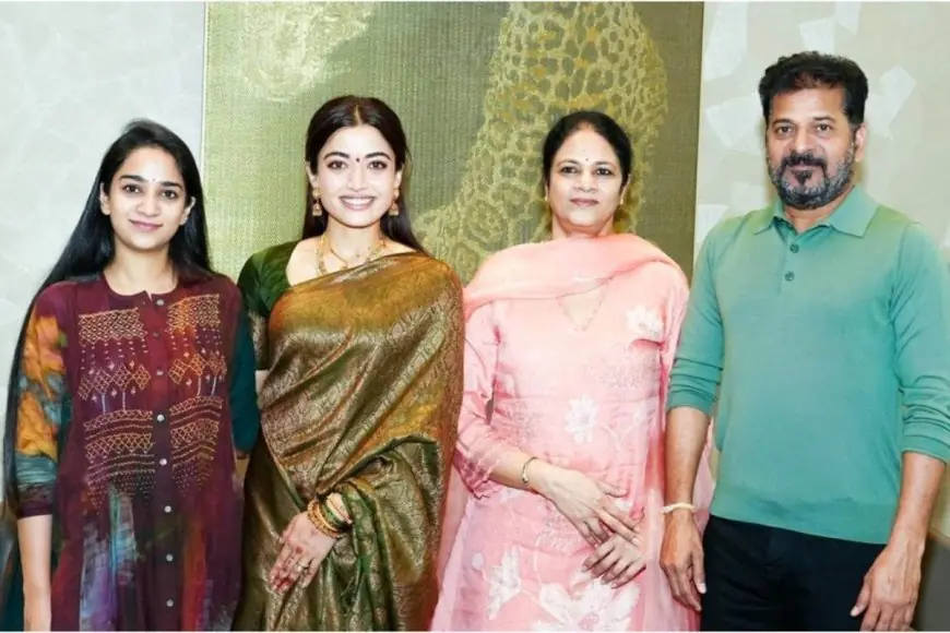 Rashmika Mandanna Meets Telangana CM Revanth Reddy In Olive Kanjeevaram Saree