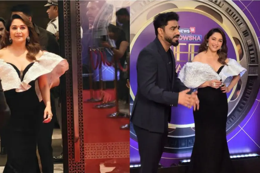 Madhuri Dixit Turns Heads In Sculptural Black Gown With Dramatic Silver Ruffle At News18 Showsha Reel Awards 2026
