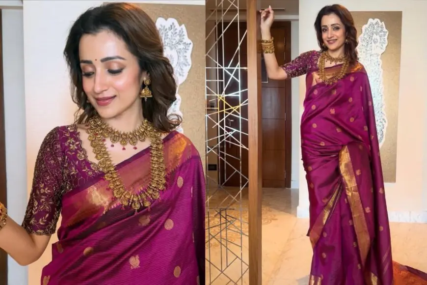Trisha Krishnan Stuns In Purple Kanchipuram Saree And Temple Jewellery At Eka Lakhani’s Wedding
